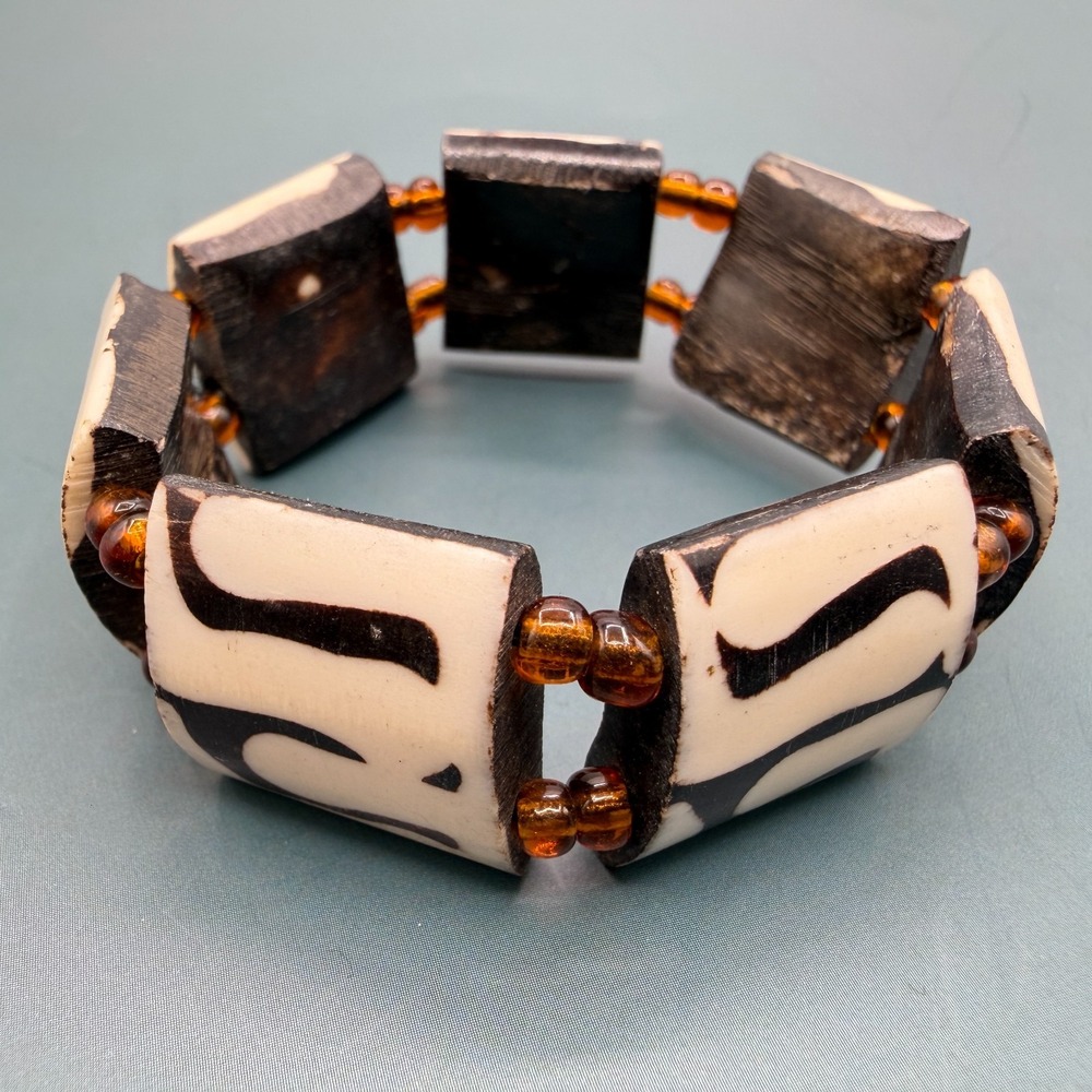 Black Cream Carved Tile Amber Bead Stretch Bracelet Boho Tribal Statement Gift